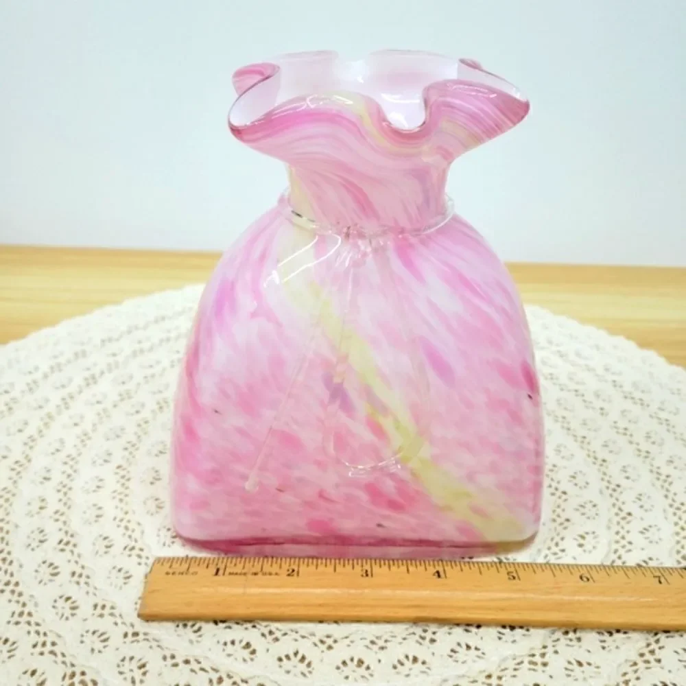 Vintage Murano Style Pink Cased Art Glass Tied Gift Bag Swirl Vase